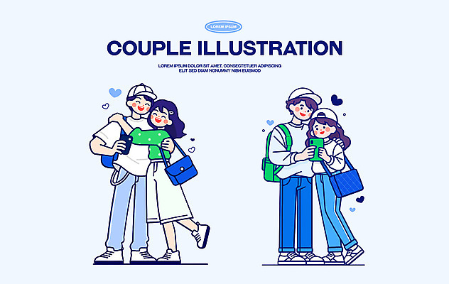 전신 커플 여자 남자 행복 가방 일러스트 포옹 사랑 웃음 들기 여러명 성인 파란색 스마트폰 세트 로맨틱 하트 다리들기 캡모자 성인만 어깨에손 국내일러스트 AI파일 모양 모자_잡화 잡화 감정 컬러 다수 컨셉 관계 안기 모션 표정 사람 핸드폰 스마트기기 파일형식 벡터