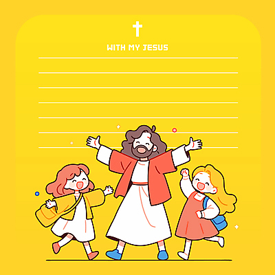 전신 여자 남자 기독교 어린이 십자가 가방 일러스트 웃음 소녀 성인 세명 노란색 손들기 만세 예수 편지지 국내일러스트 AI파일 잡화 종교 컬러 모션 표정 사람 신_종교 편지 파일형식 벡터