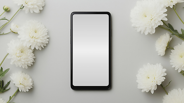 JPG 편집이미지 모바일 프레임 국화 사람없음 스마트폰 슬픔 흰색 디지털합성 조용 애도 온라인 장례 카피스페이스 편집실사 AI포토 AI콘텐츠 꽃 감정 컬러 핸드폰 스마트기기 공백 CG 파일형식