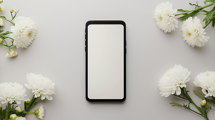 JPG 편집이미지 모바일 프레임 국화 사람없음 스마트폰 슬픔 흰색 디지털합성 조용 애도 장례 헌화 카피스페이스 편집실사 AI포토 AI콘텐츠 꽃 감정 컬러 핸드폰 스마트기기 공백 CG 추모 파일형식