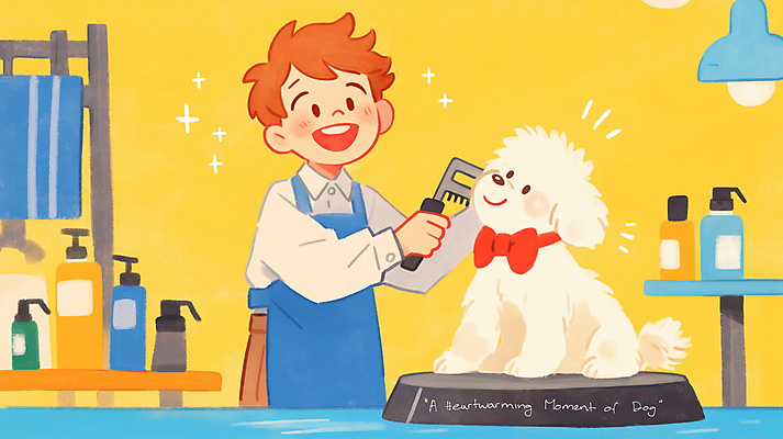 JPG 남자 리본 반려견 일러스트 전등 한명 앉기 상반신 성인 노란색 귀여움 앞치마 강아지 애견용품 빗질 애견미용사 성인남자한명만 국내일러스트 반려용품 AI일러스트 AI콘텐츠 1 컬러 컨셉 모션 조명 사람 반려동물 개 미용사 오브젝트 남자한명만 성인남자만 파일형식