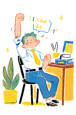 JPG 전신 남자 화분 의자 일러스트 한명 미소 앉기 성인 파이팅 희망 만세 자신감 책상 긍정적 성인남자한명만 국내일러스트 AI일러스트 AI콘텐츠 1 감정 가구 모션 표정 사람 남자한명만 성인남자만 파일형식