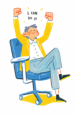 JPG 전신 남자 의자 일러스트 한명 미소 성인 파이팅 희망 만세 다리꼬기 자신감 긍정적 성인남자한명만 국내일러스트 AI일러스트 AI콘텐츠 1 감정 가구 모션 표정 사람 남자한명만 성인남자만 파일형식