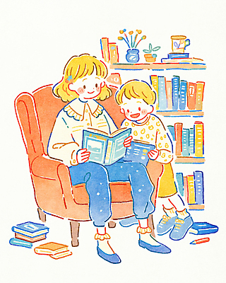 JPG 전신 여자 남자 화분 어린이 일러스트 책장 들기 앉기 소년 성인 두명 소파 컬러풀 독서 평화 책더미 국내일러스트 AI일러스트 AI콘텐츠 모자관계 아들 컬러 가구 컨셉 의자 가족 모션 엄마 사람 책 무더기 파일형식