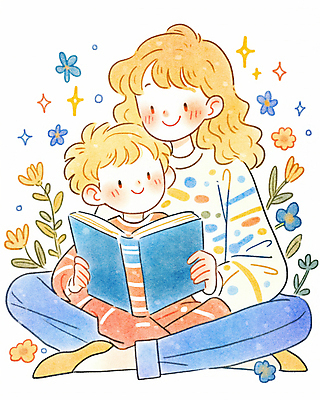 JPG 전신 여자 남자 꽃 어린이 일러스트 들기 소년 성인 두명 책 컬러풀 독서 평화 가부좌 국내일러스트 AI일러스트 AI콘텐츠 모자관계 식물 아들 컬러 컨셉 가족 모션 엄마 사람 앉기 파일형식