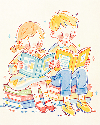 JPG 전신 여자 남자 어린이 일러스트 가족 들기 앉기 소녀 소년 두명 소파 컬러풀 독서 평화 책더미 어린이만 국내일러스트 AI일러스트 AI콘텐츠 컬러 컨셉 의자 관계 모션 사람 책 무더기 파일형식