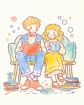 JPG 전신 여자 남자 화분 어린이 일러스트 가족 들기 앉기 소녀 소년 두명 소파 컬러풀 독서 평화 책더미 어린이만 국내일러스트 AI일러스트 AI콘텐츠 컬러 컨셉 의자 관계 모션 사람 책 무더기 파일형식