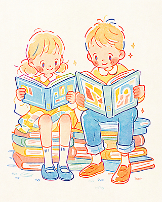 JPG 전신 여자 남자 어린이 일러스트 가족 들기 앉기 소녀 소년 두명 소파 컬러풀 독서 평화 책더미 어린이만 국내일러스트 AI일러스트 AI콘텐츠 컬러 컨셉 의자 관계 모션 사람 책 무더기 파일형식