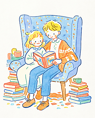 JPG 전신 여자 남자 어린이 일러스트 가족 들기 앉기 소녀 소년 두명 컵 소파 컬러풀 독서 평화 책더미 어린이만 국내일러스트 AI일러스트 AI콘텐츠 식기 컬러 컨셉 의자 관계 모션 사람 책 무더기 파일형식