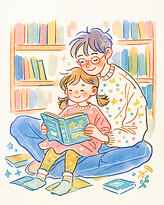 JPG 전신 여자 남자 어린이 일러스트 책장 들기 앉기 소녀 성인 두명 책 컬러풀 독서 평화 안경낌 부녀 국내일러스트 AI일러스트 AI콘텐츠 딸 안경 컬러 가구 컨셉 가족 모션 사람 아빠 파일형식