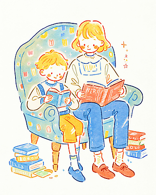 JPG 전신 여자 남자 어린이 일러스트 들기 앉기 소년 성인 두명 소파 컬러풀 독서 평화 책더미 국내일러스트 AI일러스트 AI콘텐츠 모자관계 아들 컬러 컨셉 의자 가족 모션 엄마 사람 책 무더기 파일형식