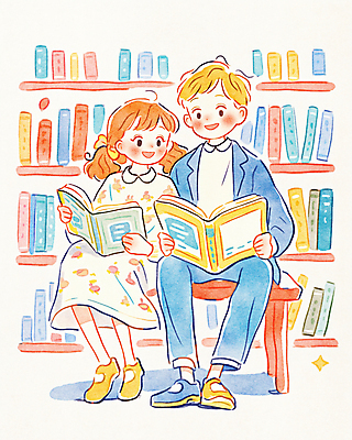 JPG 전신 여자 남자 어린이 의자 일러스트 가족 책장 들기 앉기 소녀 소년 두명 책 컬러풀 독서 평화 어린이만 국내일러스트 AI일러스트 AI콘텐츠 컬러 가구 컨셉 관계 모션 사람 파일형식