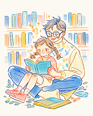 JPG 전신 여자 남자 어린이 일러스트 책장 들기 앉기 소녀 성인 두명 책 컬러풀 독서 평화 안경낌 부녀 국내일러스트 AI일러스트 AI콘텐츠 딸 안경 컬러 가구 컨셉 가족 모션 사람 아빠 파일형식