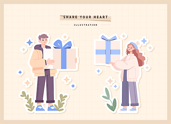 전신 여자 남자 리본 스티커 잎 일러스트 털모자 들기 성인 두명 선물상자 반짝임 마음 표현 성인만 마스킹테이프 일러캐릭터 AI파일 식물 캐릭터 모자_잡화 모션 선물 사람 상자 테이프 파일형식 벡터