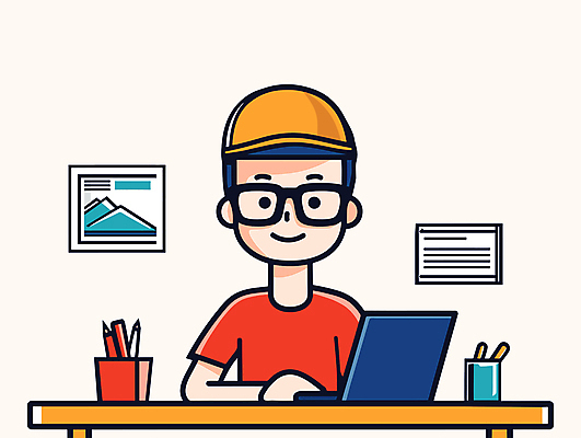 남자 일러스트 한명 앉기 상반신 성인 노트북 사무실 업무 디자이너 책상 연필꽂이 캡모자 성인남자한명만 안경낌 국내일러스트 AI파일 직업 모자_잡화 1 안경 가구 비즈니스 모션 문구용품 사람 전자제품 작업 남자한명만 성인남자만 파일형식 벡터