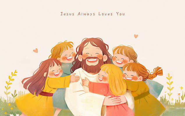 PSD 여자 남자 행복 기독교 어린이 일러스트 포옹 소녀 여러명 성인 하트 예수 국내일러스트 모양 감정 종교 다수 안기 사람 신_종교 파일형식