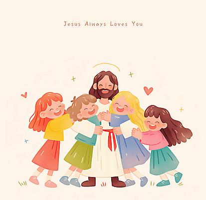 전신 PSD 여자 남자 행복 기독교 어린이 일러스트 포옹 소녀 소년 여러명 성인 예수 국내일러스트 감정 종교 다수 안기 사람 신_종교 파일형식