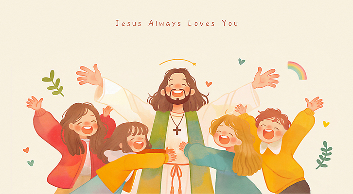 PSD 여자 남자 행복 리본 기독교 어린이 무지개 잎 일러스트 포옹 소녀 소년 여러명 성인 손들기 예수 십자가목걸이 국내일러스트 자연요소 식물 감정 종교 다수 목걸이 안기 모션 사람 신_종교 파일형식