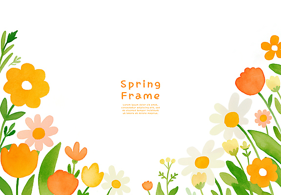 PSD 잎 꽃백그라운드 일러스트 봄꽃 사람없음 주황색 꽃프레임 카피스페이스 봄배경 국내일러스트 식물 꽃 컬러 백그라운드 프레임 봄 공백 파일형식