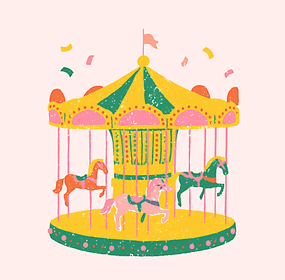 PSD 일러스트 동화 사람없음 노란색 놀이공원 깃발 빈티지 팬시 꽃가루 회전목마 국내일러스트 컬러 컨셉 테마파크 놀이기구 가루 파일형식