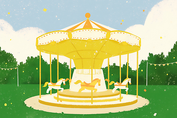 PSD 일러스트 동화 사람없음 노란색 놀이공원 빈티지 팬시 꽃가루 풀숲 회전목마 가랜드 국내일러스트 컬러 컨셉 테마파크 놀이기구 숲 가루 파티용품 파일형식
