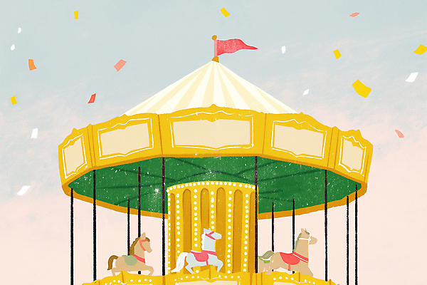 PSD 일러스트 동화 사람없음 노란색 놀이공원 깃발 빈티지 팬시 꽃가루 회전목마 국내일러스트 컬러 컨셉 테마파크 놀이기구 가루 파일형식