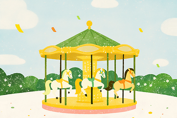 PSD 일러스트 동화 사람없음 노란색 놀이공원 빈티지 팬시 꽃가루 풀숲 회전목마 국내일러스트 컬러 컨셉 테마파크 놀이기구 숲 가루 파일형식