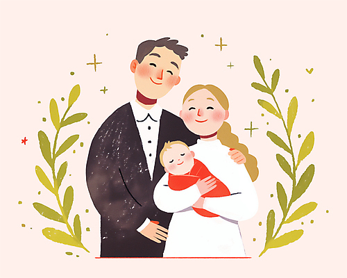 PSD 여자 남자 행복 분홍색 잎 일러스트 가족 안기 사랑 웃음 상반신 성인 세명 화목 기쁨 아기 포대기 어깨에손 국내일러스트 식물 감정 컬러 컨셉 관계 모션 표정 사람 아기용품 파일형식