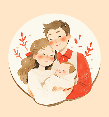 PSD 여자 남자 행복 분홍색 잎 일러스트 가족 안기 사랑 웃음 상반신 성인 세명 화목 기쁨 아기 포대기 국내일러스트 식물 감정 컬러 컨셉 관계 모션 표정 사람 아기용품 파일형식