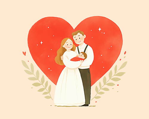 전신 PSD 여자 남자 행복 분홍색 잎 일러스트 가족 안기 사랑 웃음 성인 세명 화목 기쁨 하트 아기 포대기 국내일러스트 모양 식물 감정 컬러 컨셉 관계 모션 표정 사람 아기용품 파일형식