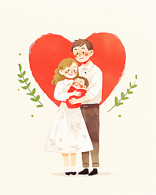 전신 PSD 여자 남자 행복 분홍색 잎 일러스트 가족 안기 사랑 웃음 성인 세명 화목 기쁨 하트 아기 포대기 국내일러스트 모양 식물 감정 컬러 컨셉 관계 모션 표정 사람 아기용품 파일형식