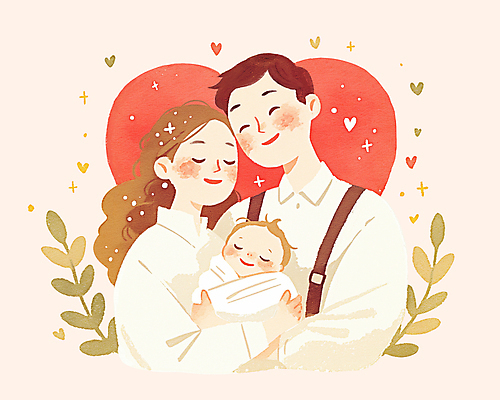 PSD 여자 남자 행복 분홍색 잎 일러스트 가족 안기 사랑 웃음 상반신 성인 세명 화목 기쁨 하트 아기 포대기 국내일러스트 모양 식물 감정 컬러 컨셉 관계 모션 표정 사람 아기용품 파일형식