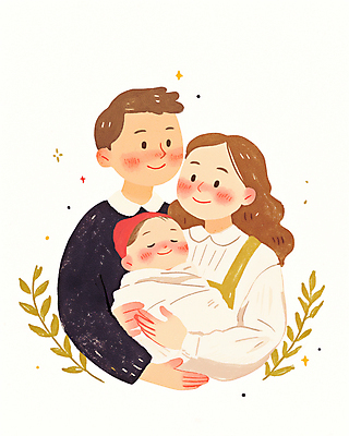 PSD 여자 남자 행복 분홍색 잎 일러스트 가족 안기 사랑 웃음 상반신 성인 세명 화목 기쁨 아기 포대기 국내일러스트 식물 감정 컬러 컨셉 관계 모션 표정 사람 아기용품 파일형식