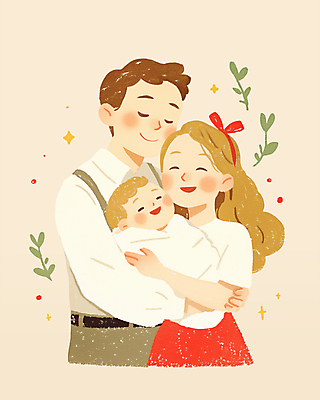 PSD 여자 남자 행복 분홍색 잎 일러스트 가족 안기 사랑 웃음 성인 세명 화목 기쁨 아기 포대기 국내일러스트 식물 감정 컬러 컨셉 관계 모션 표정 사람 아기용품 파일형식