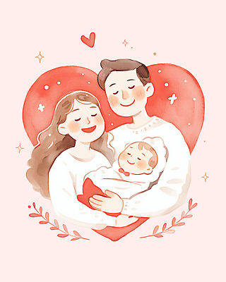 PSD 여자 남자 행복 분홍색 잎 일러스트 가족 안기 사랑 웃음 상반신 성인 세명 화목 기쁨 하트 아기 포대기 국내일러스트 모양 식물 감정 컬러 컨셉 관계 모션 표정 사람 아기용품 파일형식