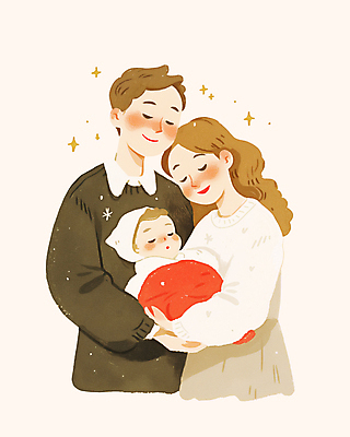 PSD 여자 남자 행복 분홍색 잎 일러스트 가족 안기 사랑 웃음 성인 세명 화목 기쁨 아기 포대기 국내일러스트 식물 감정 컬러 컨셉 관계 모션 표정 사람 아기용품 파일형식