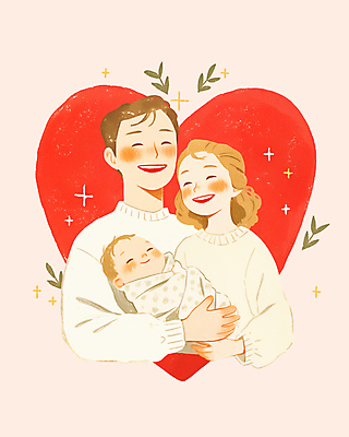 PSD 여자 남자 행복 분홍색 일러스트 가족 안기 사랑 웃음 상반신 성인 세명 화목 기쁨 하트 아기 포대기 국내일러스트 모양 감정 컬러 컨셉 관계 모션 표정 사람 아기용품 파일형식
