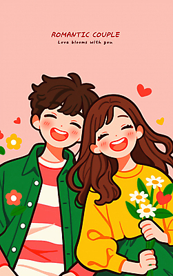 PSD 커플 여자 남자 꽃 행복 일러스트 사랑 미소 들기 상반신 성인 두명 로맨틱 하트 연애 맞대기 성인만 국내일러스트 모양 식물 감정 컨셉 관계 모션 표정 사람 파일형식