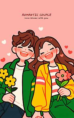 PSD 커플 여자 남자 꽃 행복 일러스트 사랑 미소 들기 상반신 성인 두명 손잡기 로맨틱 하트 연애 맞대기 성인만 국내일러스트 모양 식물 감정 컨셉 관계 모션 표정 사람 파일형식