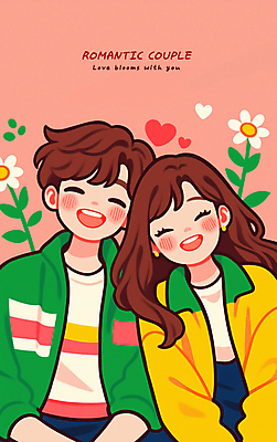 PSD 커플 여자 남자 꽃 행복 일러스트 사랑 미소 들기 상반신 성인 두명 로맨틱 하트 연애 맞대기 성인만 국내일러스트 모양 식물 감정 컨셉 관계 모션 표정 사람 파일형식