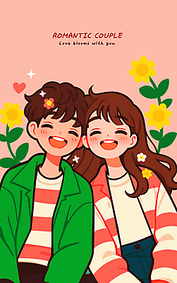 PSD 커플 여자 남자 꽃 행복 일러스트 사랑 미소 들기 상반신 성인 두명 로맨틱 하트 연애 맞대기 성인만 국내일러스트 모양 식물 감정 컨셉 관계 모션 표정 사람 파일형식