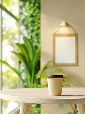 JPG 식물 편집이미지 액자 탁자 휴식 조명 실내 따뜻함 그림자 사람없음 인테리어 햇빛 디지털합성 모던 감성 베이지색 테이크아웃컵 편집실사 AI포토 AI콘텐츠 디자인 컬러 가구 컨셉 내부 컵 태양 CG 파일형식