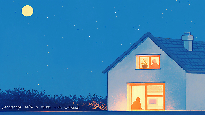 JPG 화분 야경 일러스트 창문 밤하늘 주택 사람 상반신 두명 파란색 평화 고요 달 풀 국내일러스트 AI일러스트 AI콘텐츠 자연요소 식물 컬러 컨셉 하늘 건물 야간 파일형식 풍경_경치