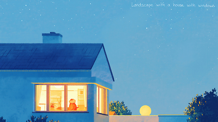 JPG 야경 일러스트 창문 밤하늘 주택 한명 사람 파란색 평화 고요 달 풀 국내일러스트 AI일러스트 AI콘텐츠 자연요소 식물 1 컬러 컨셉 하늘 건물 야간 파일형식 풍경_경치