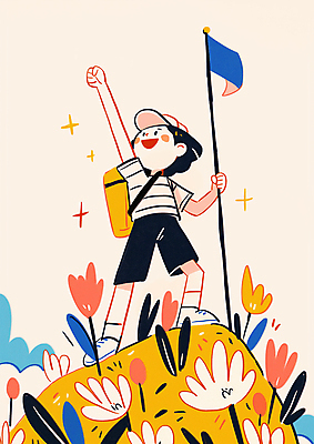 JPG 전신 모자 남자 꽃 행복 어린이 가방 일러스트 성공 산 한명 들기 소년 컬러풀 손들기 기쁨 도전 깃발 용기 정상 소년한명만 국내일러스트 AI일러스트 AI콘텐츠 식물 1 그릇 잡화 감정 컬러 컨셉 모션 사람 남자한명만 소년만 파일형식