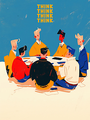 JPG 남자 생각 일러스트 탁자 회의 앉기 여러명 성인 공책 성인남자만 브레인스토밍 국내일러스트 AI일러스트 AI콘텐츠 가구 다수 비즈니스 모션 문구용품 사람 남자만 성인만 파일형식