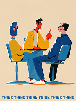 JPG 전신 남자 생각 의자 일러스트 탁자 대화 앉기 성인 세명 가리킴 성인남자만 안경낌 브레인스토밍 국내일러스트 AI일러스트 AI콘텐츠 안경 가구 모션 말하기 사람 손짓 남자만 성인만 파일형식