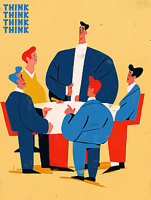 JPG 전신 남자 생각 일러스트 탁자 회의 대화 여러명 성인 성인남자만 브레인스토밍 국내일러스트 AI일러스트 AI콘텐츠 가구 다수 비즈니스 말하기 사람 남자만 성인만 파일형식