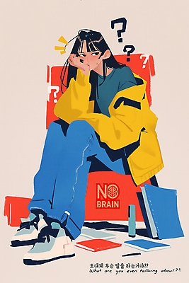 전신 PSD 여자 종이 생각 일러스트 청소년 한명 앉기 책 컬러풀 턱괴기 물음표 고민 의문 십대여자한명만 국내일러스트 1 기호 감정 컬러 컨셉 모션 사람 여자한명만 십대여자만 파일형식