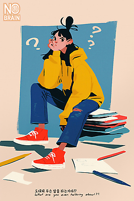 전신 PSD 여자 종이 생각 일러스트 청소년 한명 앉기 책 컬러풀 펜 턱괴기 물음표 고민 의문 십대여자한명만 국내일러스트 1 기호 감정 컬러 컨셉 모션 사람 필기구 여자한명만 십대여자만 파일형식